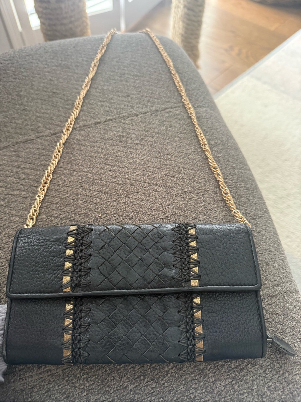 Bottega Veneta Intrecciato Black & Gold Chain Wallet / Clutch – Authentic – COA
